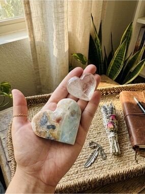 Ethereal Balance: Caribbean Calcite & Clear Quartz Heart Crystal Duo 168g